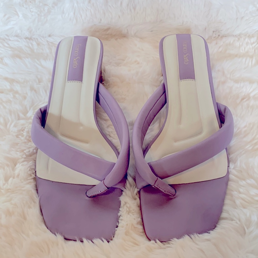 Luxurious Lavender Leather Kitten Heel Sandals with Gold Accent Cork Heel